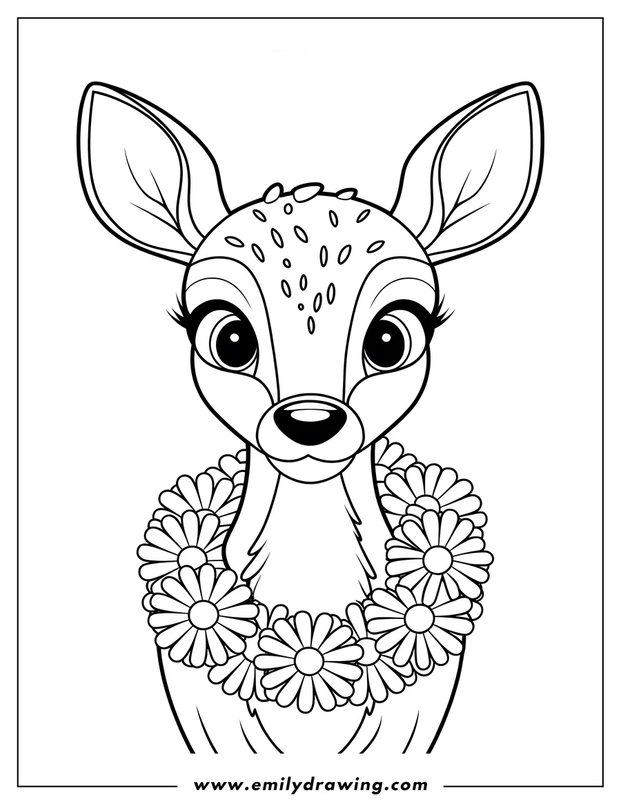 Outline of a deer wearing a garland of daisies.