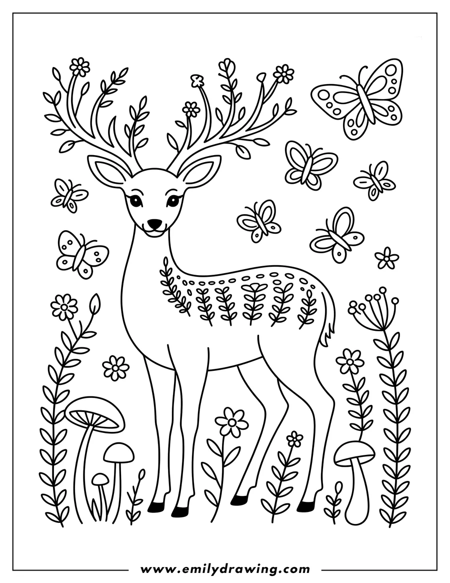 Line art of a deer with flowers and leaves growing from its antlers, surrounded by butterflies, flowers, mushrooms, and other plants.