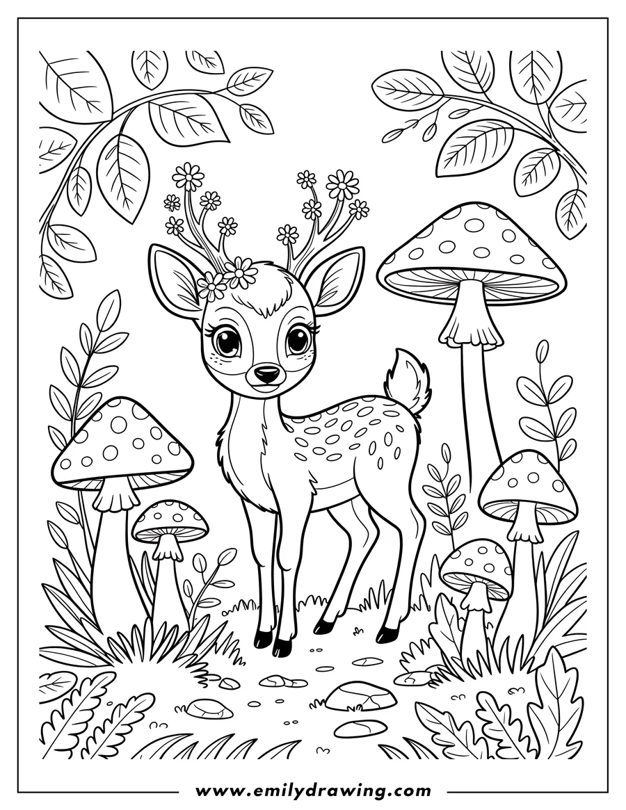 Line art of a young deer with flowers growing from its antlers, standing in a forest setting among mushrooms and plants.