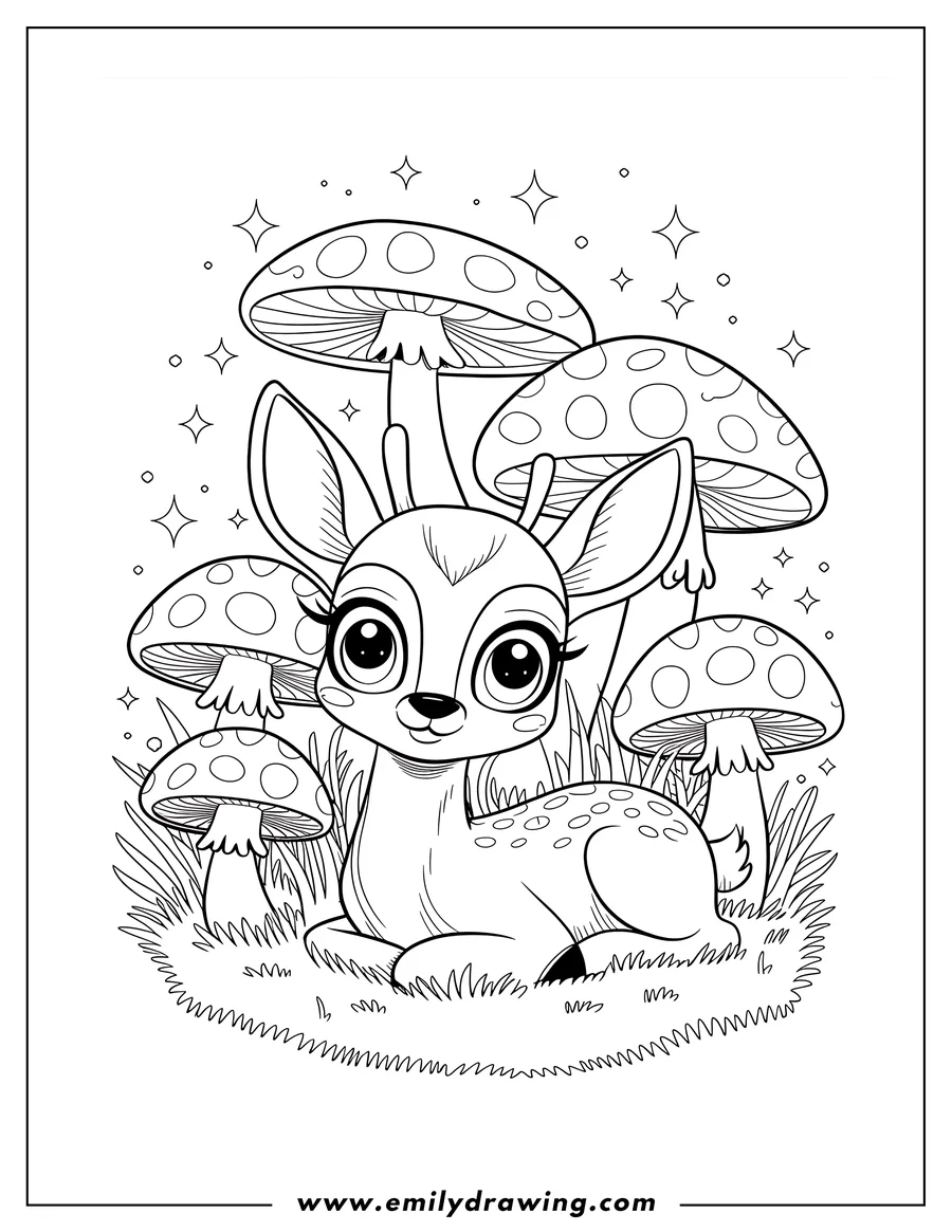 Outline of a young deer sitting in grass surrounded by spotted mushrooms.  The deer has large, cute eyes.