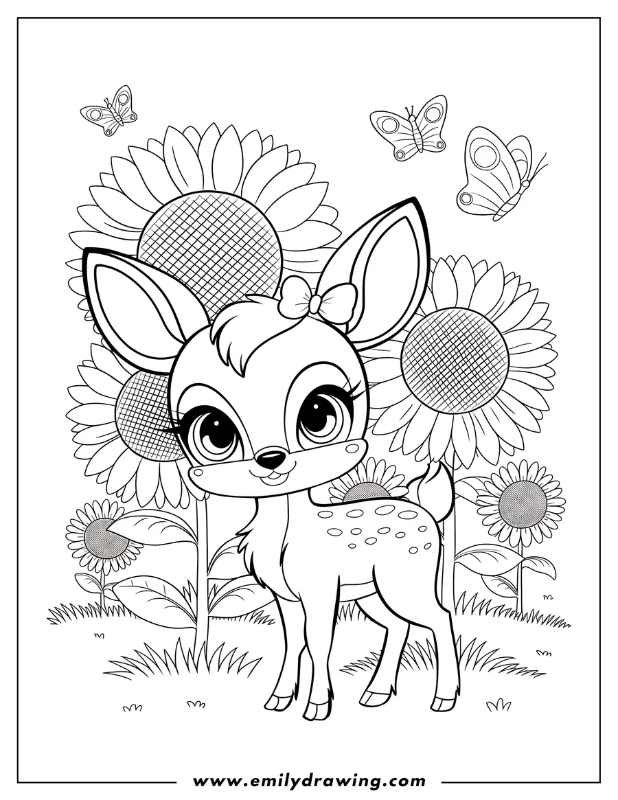 Outline of a young deer with spotted coat standing in grass by several sunflowers. Three butterflies flutter nearby.