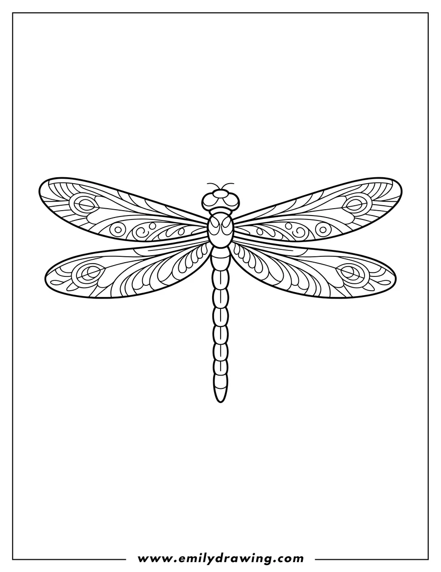 Line art of a dragonfly with detailed, patterned wings. Its body is segmented, and its large eyes are prominent.