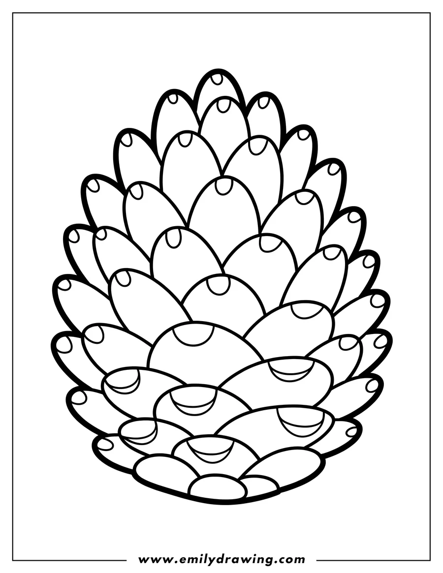 Line art of a detailed pine cone with many scales.