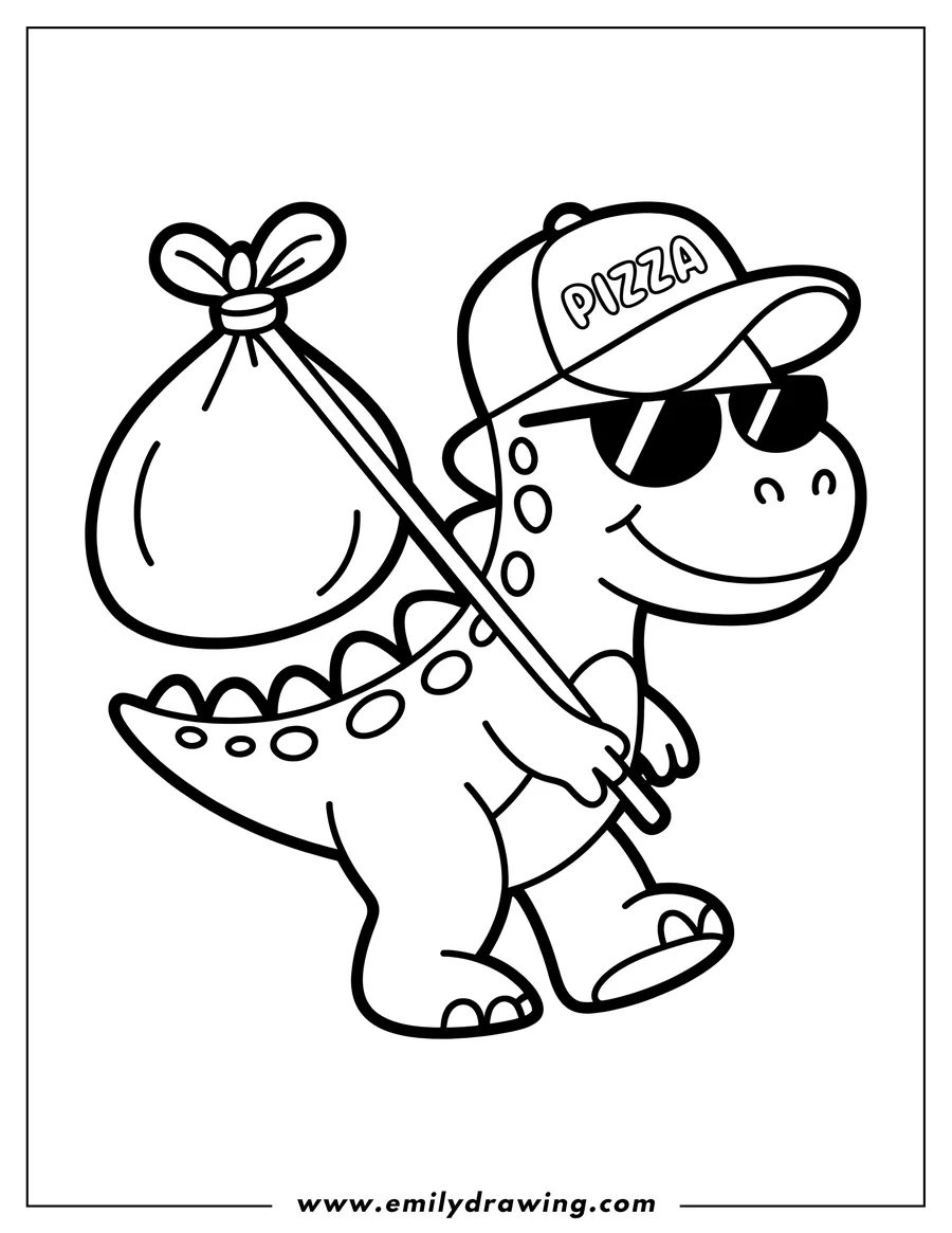 Line art of a dinosaur carrying a delivery bag, wearing a backwards baseball cap that says