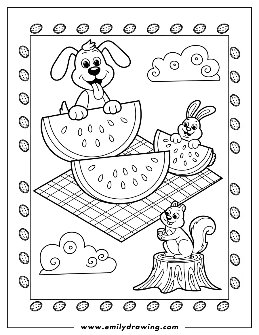Line art of a dog and bunny holding slices of watermelon on a picnic blanket, with a squirrel holding a small acorn cup sitting on a tree stump nearby.