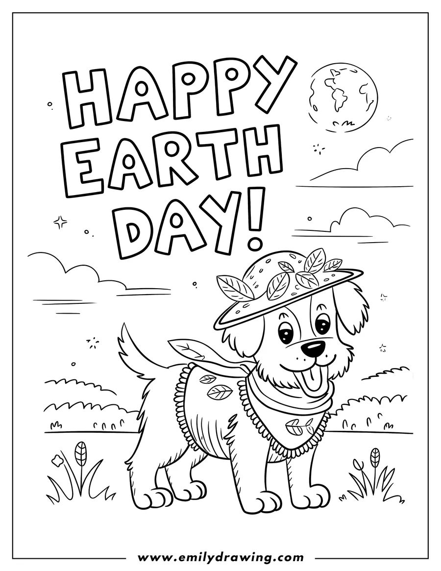Line art of a dog wearing a leaf-decorated hat and vest, celebrating Earth Day. The backdrop features stylized clouds, grass, and a depiction of Earth.