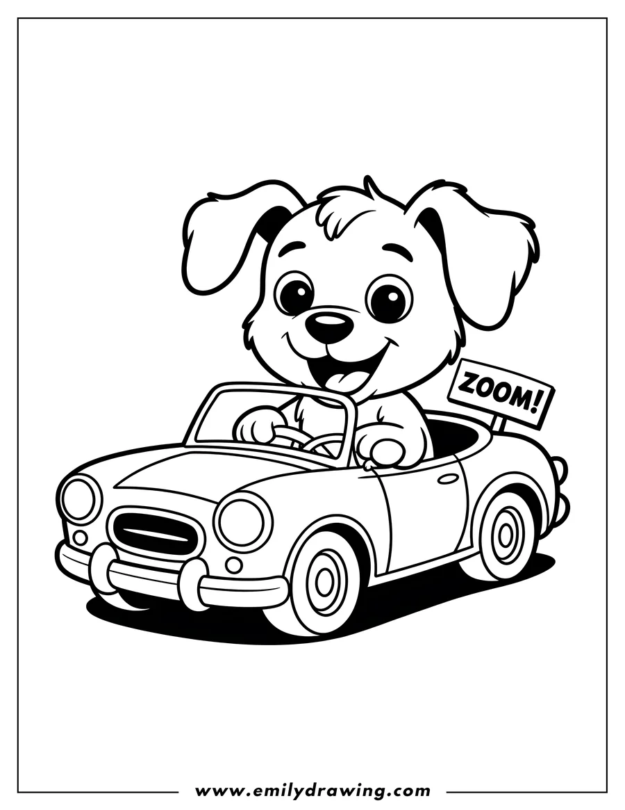 Outline of a smiling dog driving a convertible car with a 'Zoom!' sign on the back.