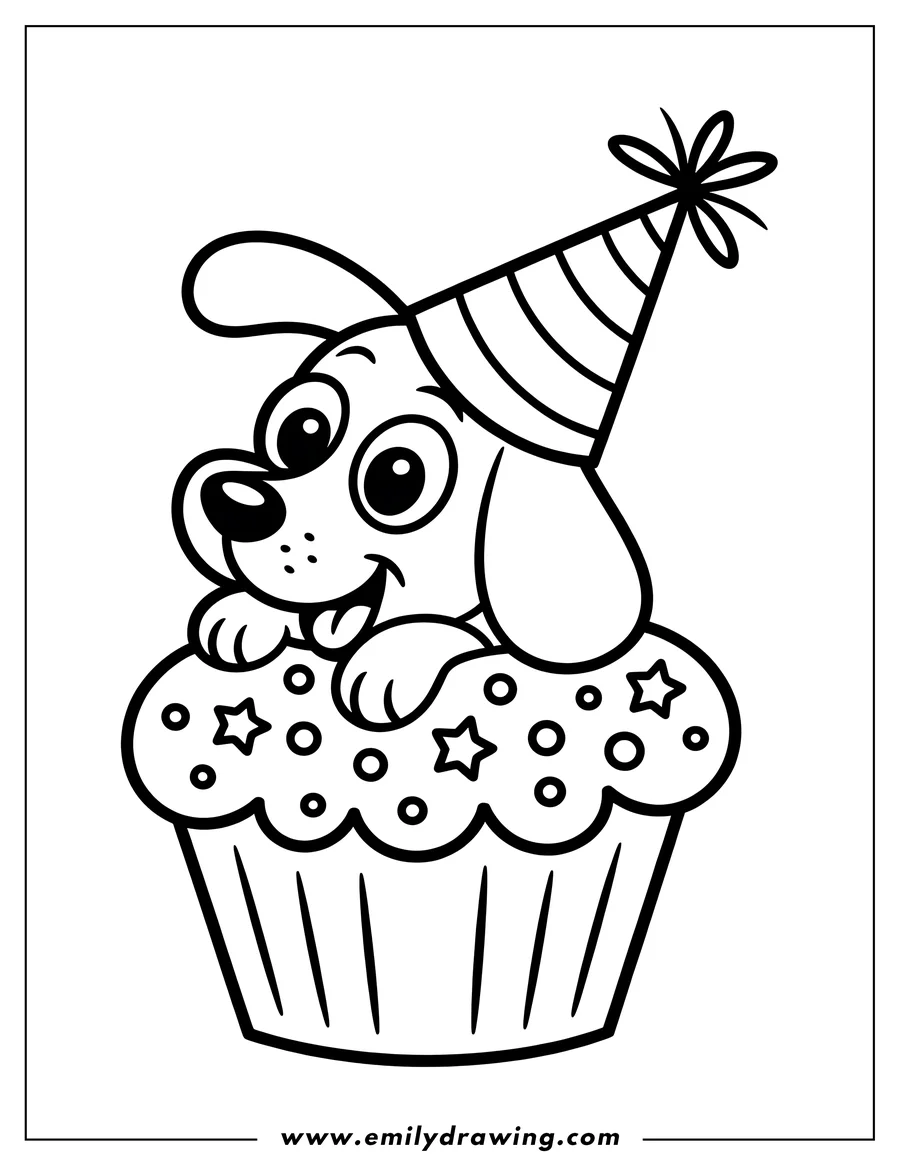 Line art of a happy puppy wearing a party hat sitting inside of a large cupcake.