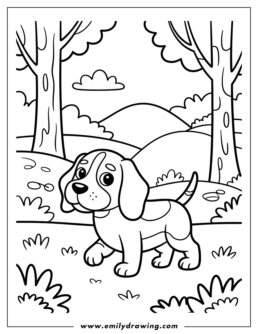 Line art of a dog walking in a field with trees and hills in the background.