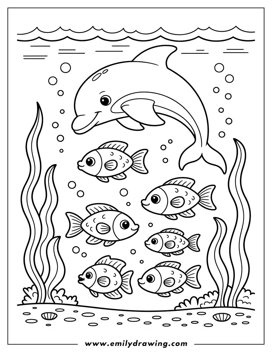 Line art of a dolphin swimming underwater with five small fish. Seaweed and the ocean floor are visible.