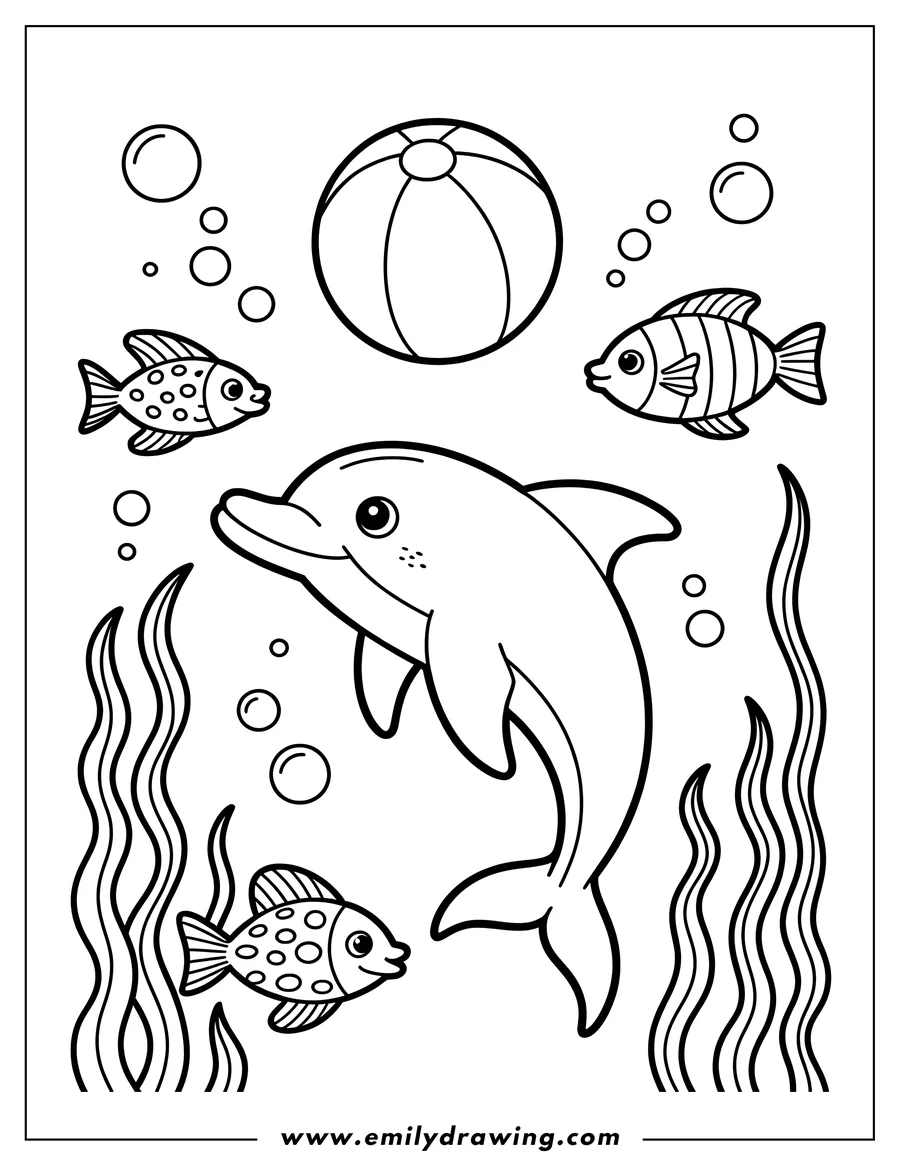 Outline of a dolphin swimming underwater with two small fish, a beach ball floating above, and bubbles rising around them.