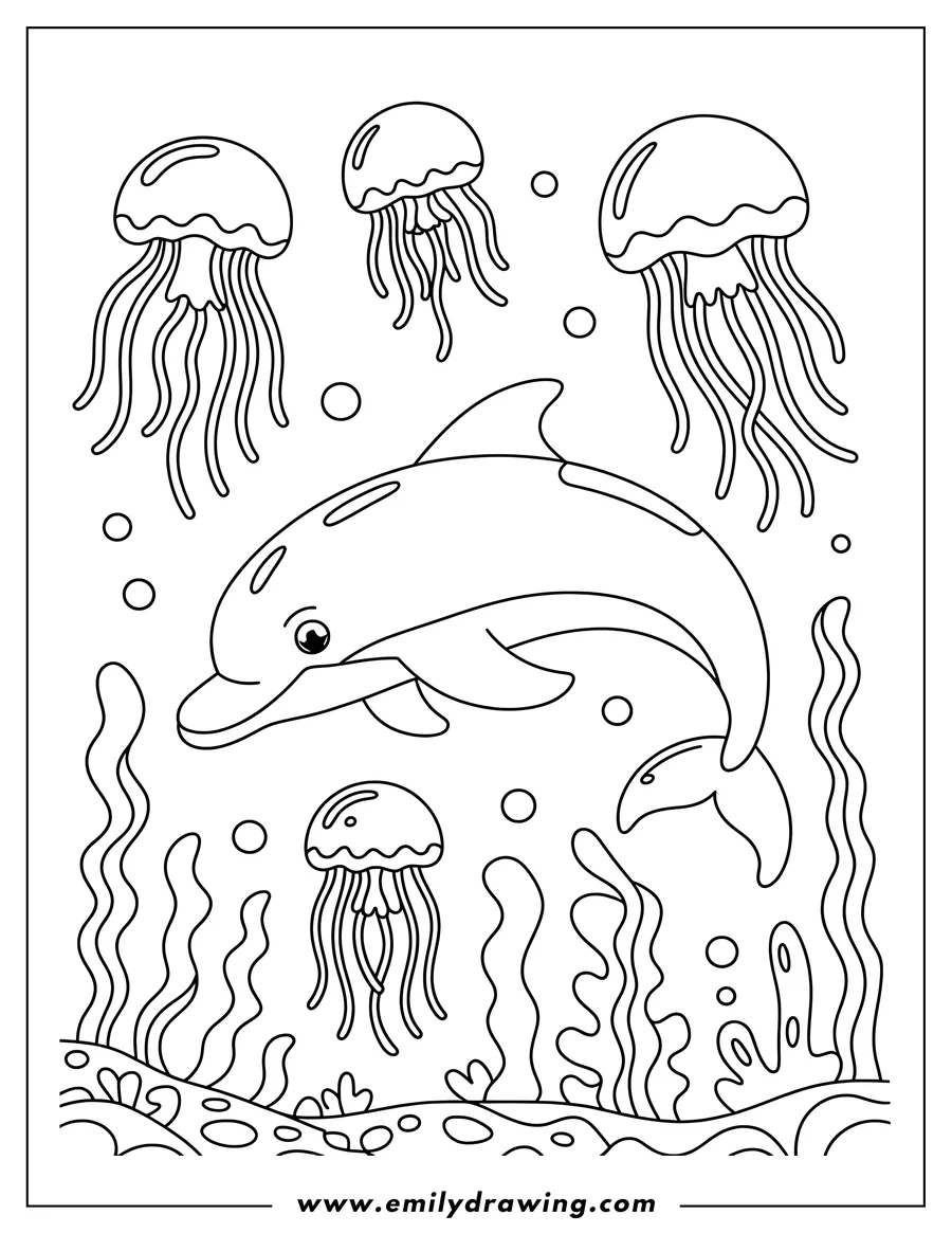 Outline of a dolphin swimming among jellyfish and seaweed near the ocean floor.
