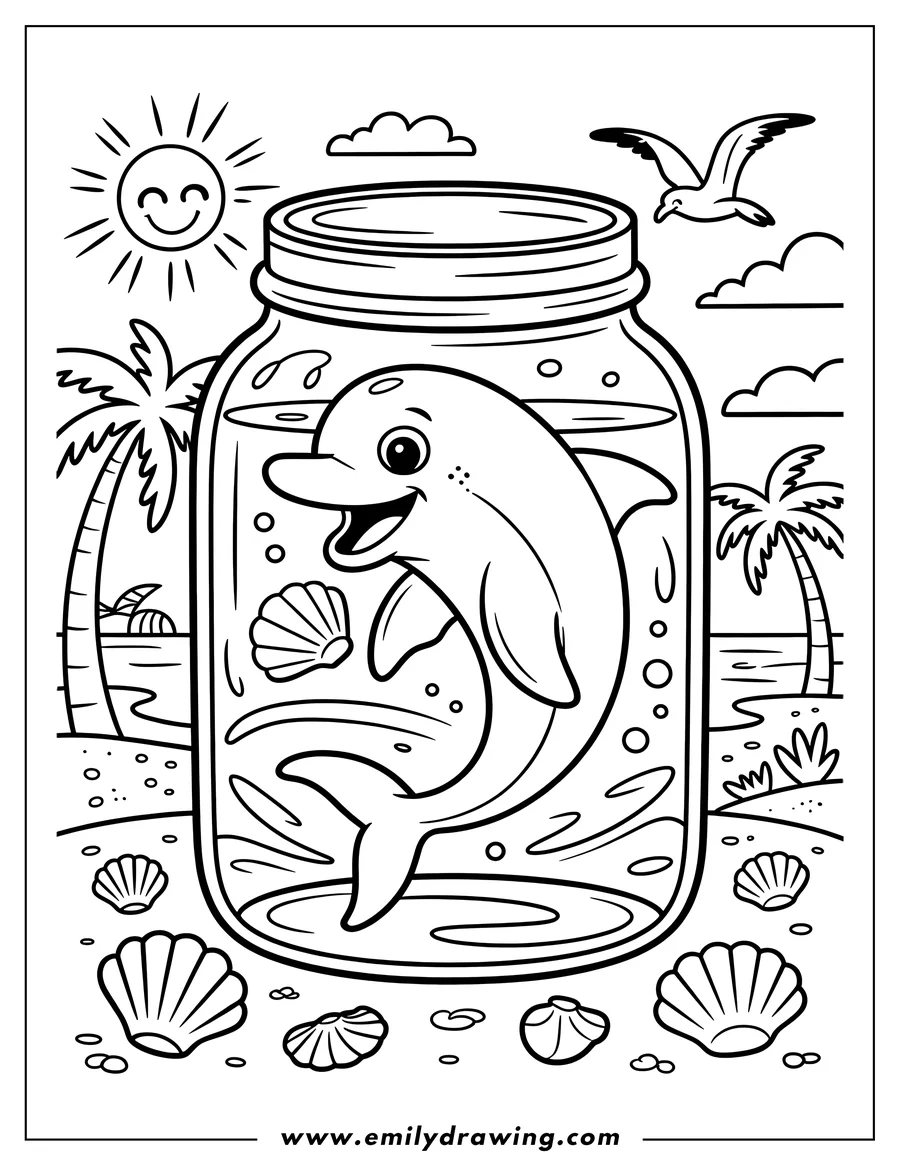 Line art of a smiling dolphin swimming in a jar on a sunny beach with seashells.