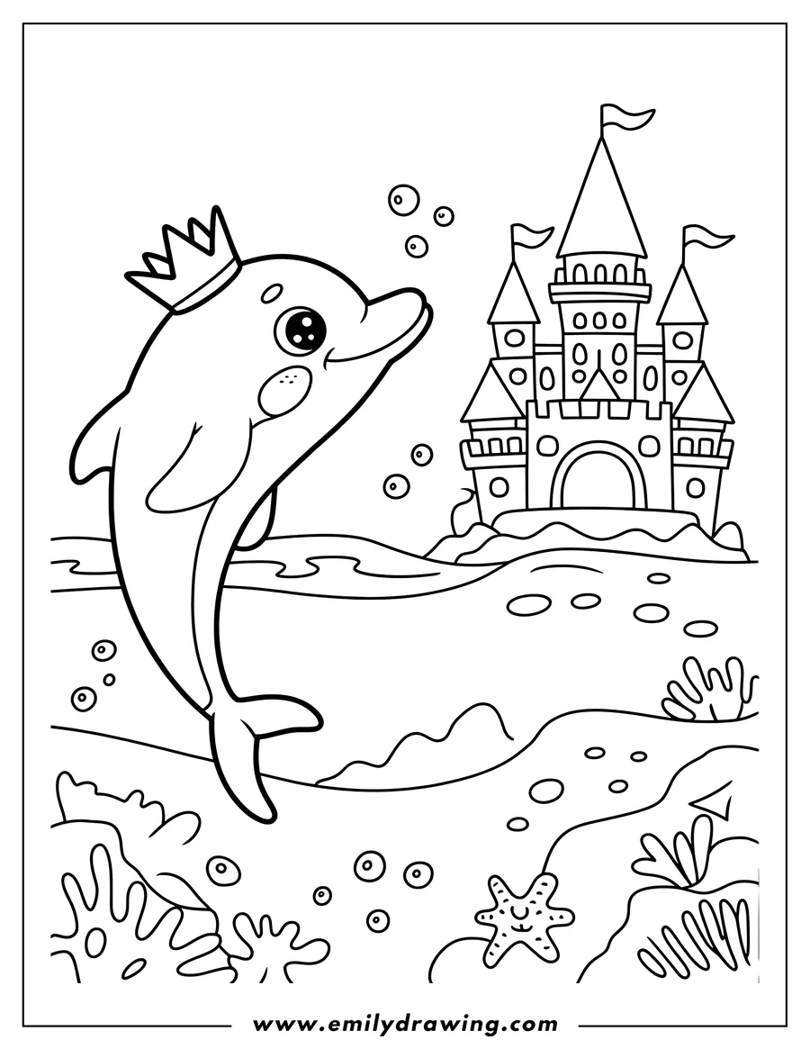Outline of a dolphin wearing a crown swimming near a castle in the ocean. The seabed has coral and starfish.