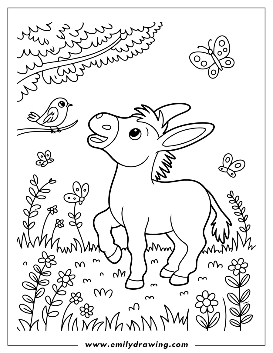 Outline of a donkey standing in a field of flowers looking up at a small bird perched on a tree branch. Several butterflies flutter around them.