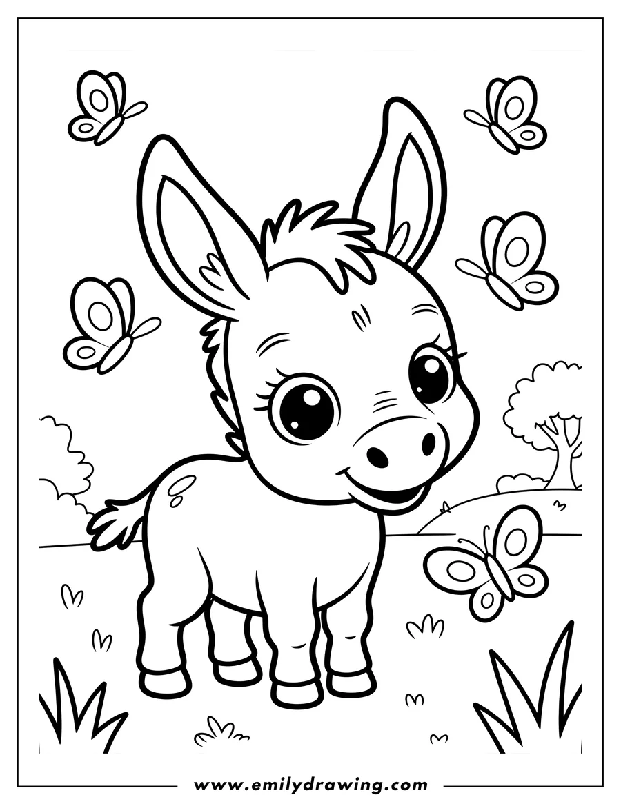 Outline of a young donkey with large eyes, surrounded by several butterflies in a simple landscape with grass and a tree.