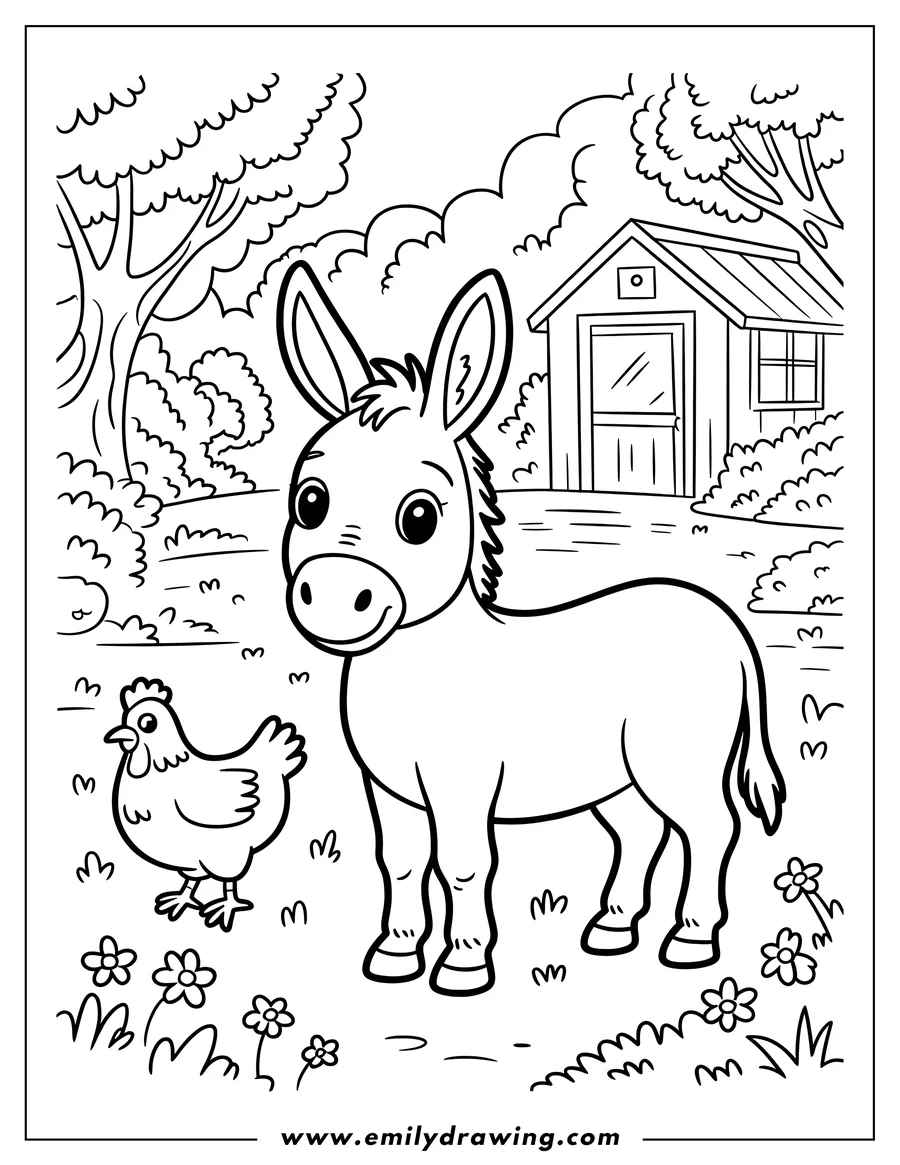 Line art of a donkey and a chicken standing near a small barn on a farm.