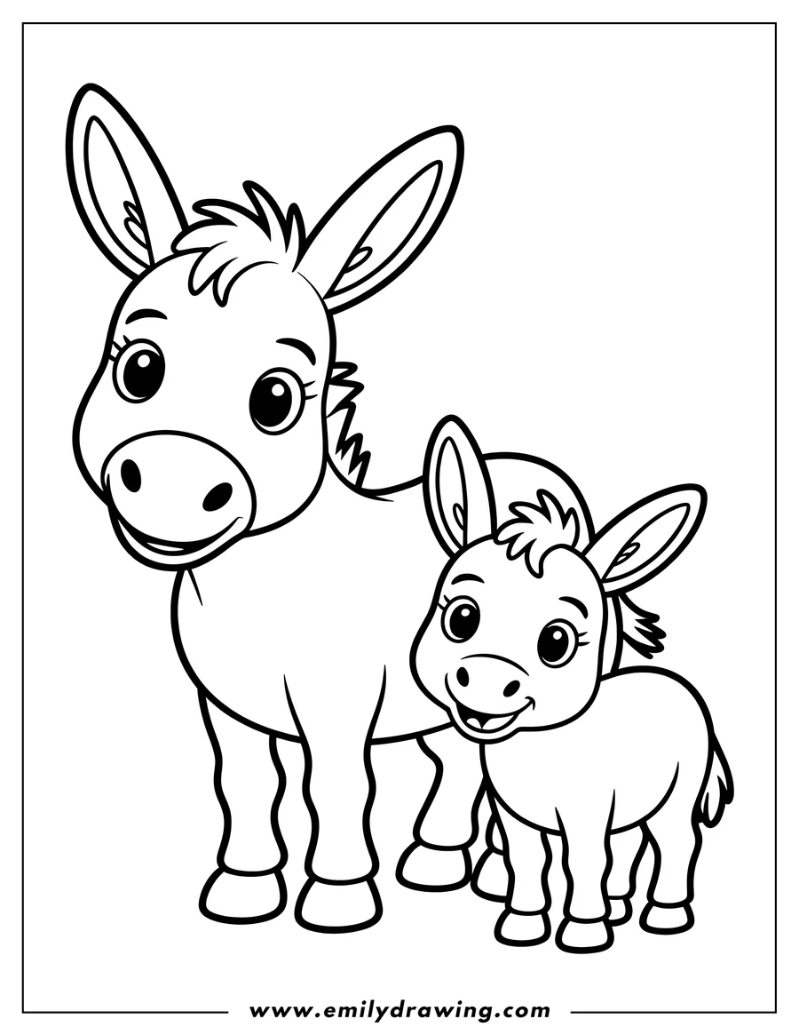 Line art of a donkey and foal standing together.