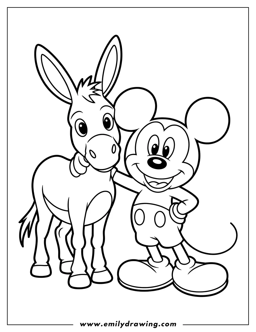 Line art of Donkey and Mickey Mouse standing side by side. Donkey has his front leg around Mickey.