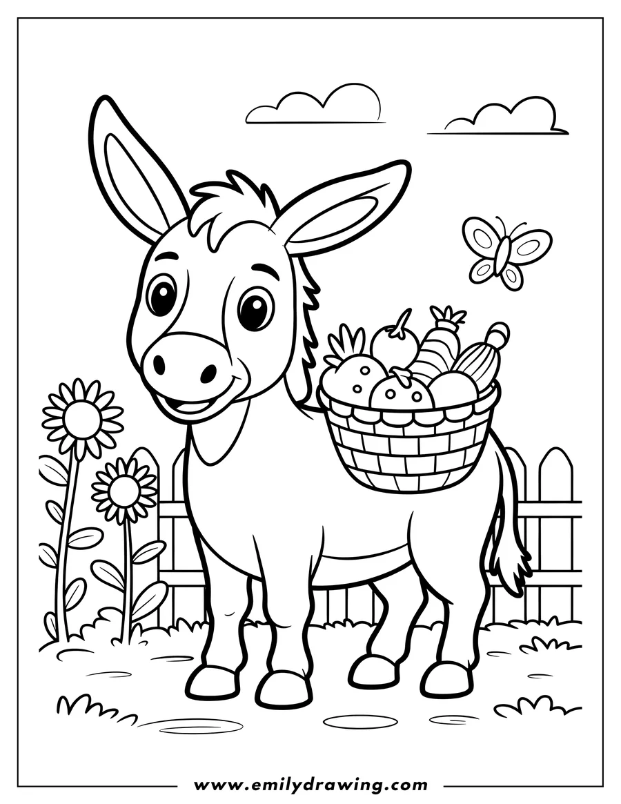 Outline of a donkey carrying a basket of fruits and vegetables on its back, standing in a garden with sunflowers and a butterfly nearby.