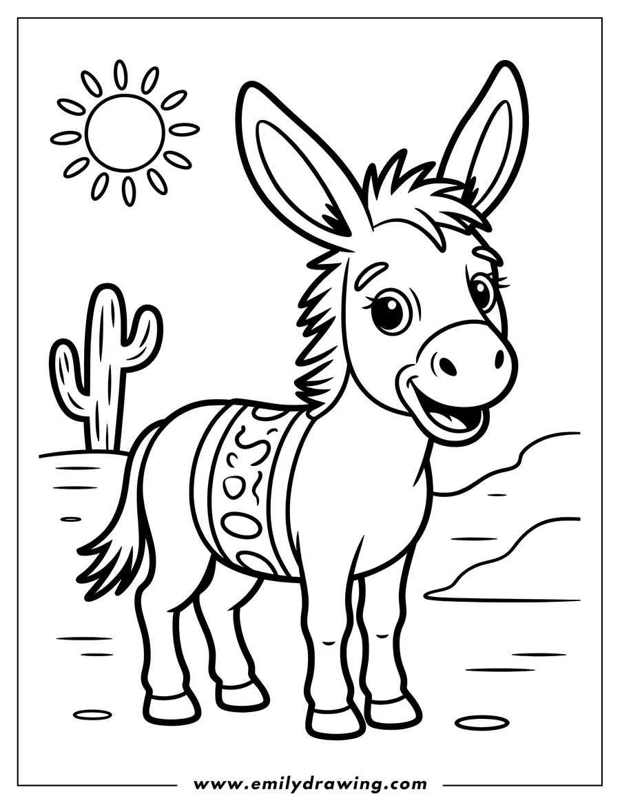 Outline of a donkey standing in the desert, wearing a patterned blanket. A cactus and sun are visible in the background.