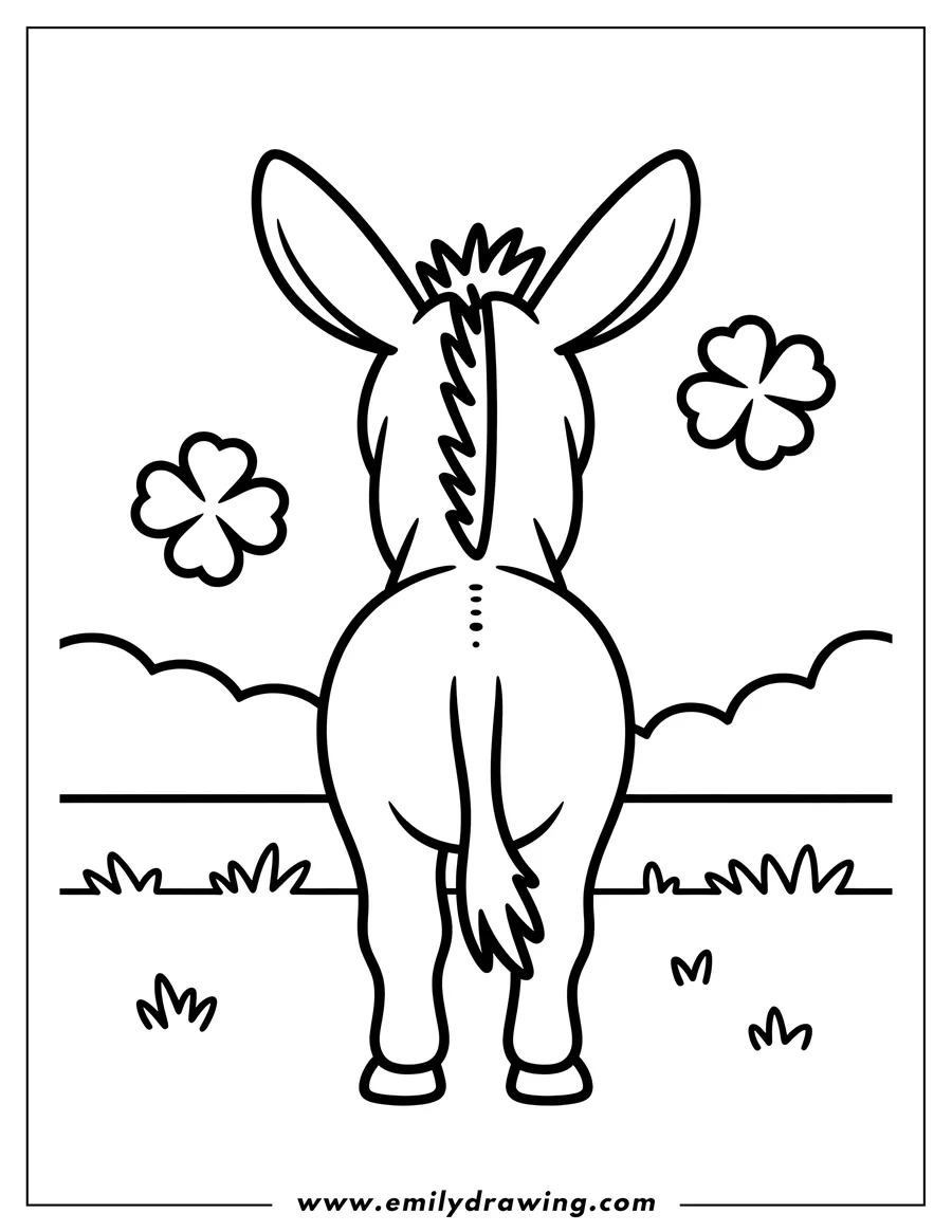 Outline of a donkey seen from behind, standing in a grassy field with clovers nearby.