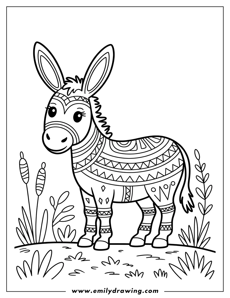 Line art of a donkey with a geometric pattern on its coat, standing in a field of grass and cattails.