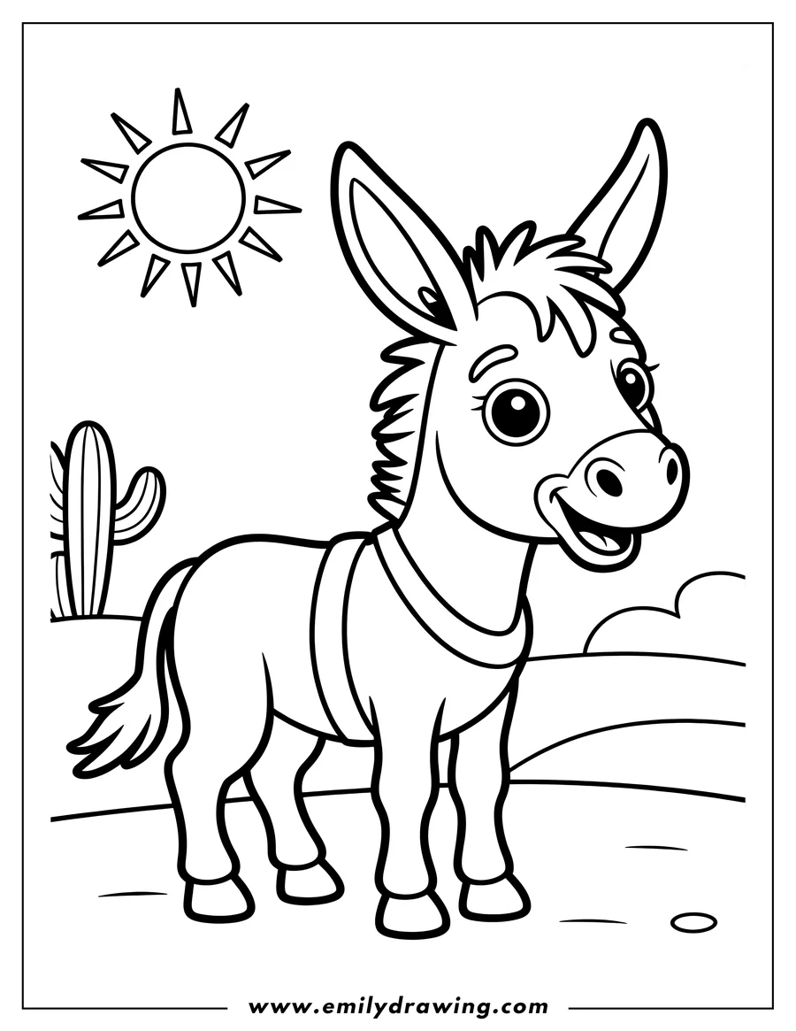 Line art of a donkey standing in a desert landscape with a cactus and sun in the background.