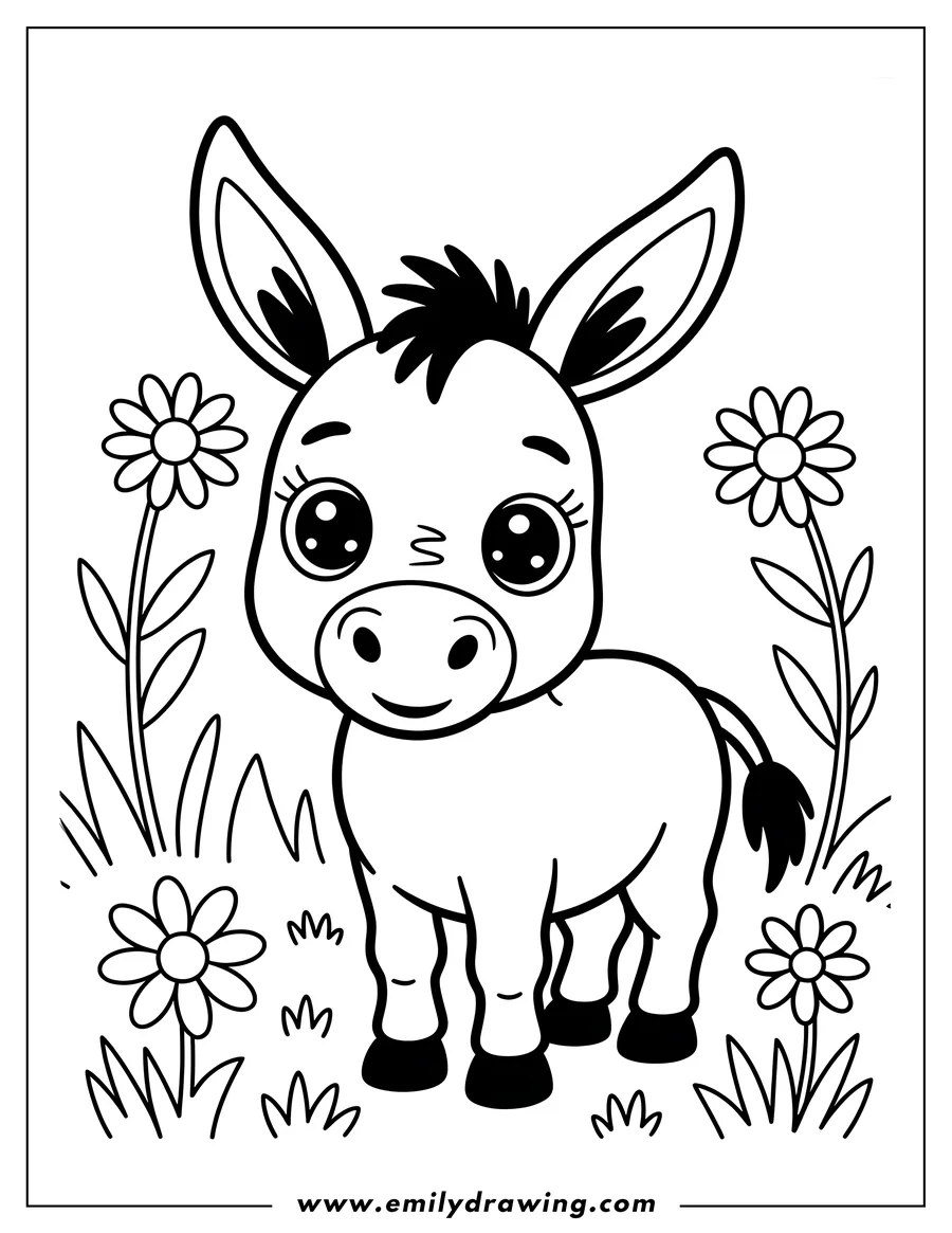 Outline of a cute donkey standing in a field with daisies and grass.