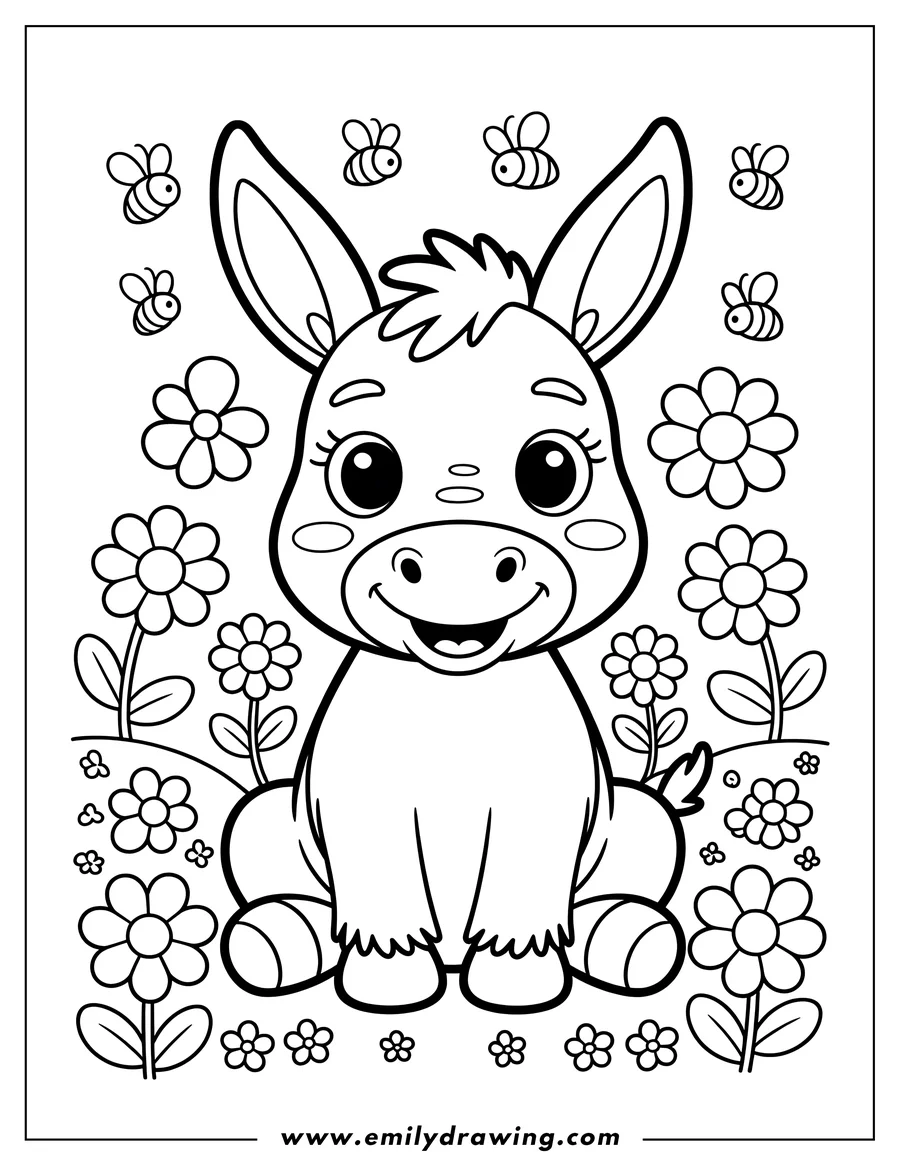 Outline of a smiling donkey sitting in a field of flowers with bees flying around.
