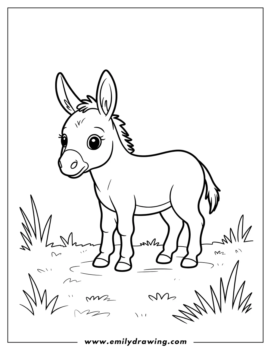 Outline of a young donkey standing in a grassy field