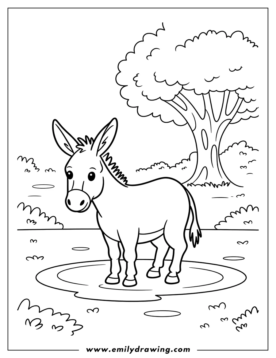 Outline of a donkey standing in a puddle near a tree.