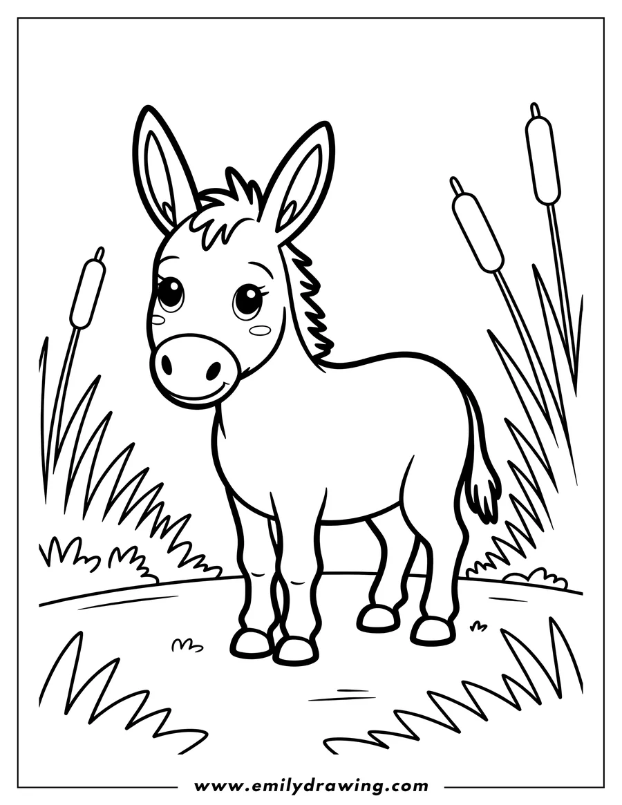 Outline of a donkey standing near cattails and grass.