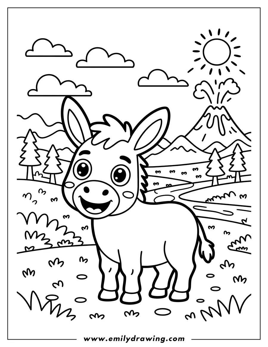Outline of a donkey standing in a field with a volcano, trees, and a small river in the background.