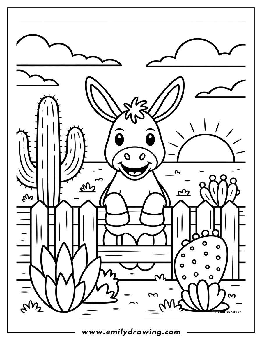 Line art of a donkey sitting on a wooden fence in a desert setting, with cacti and the sun setting in the background.