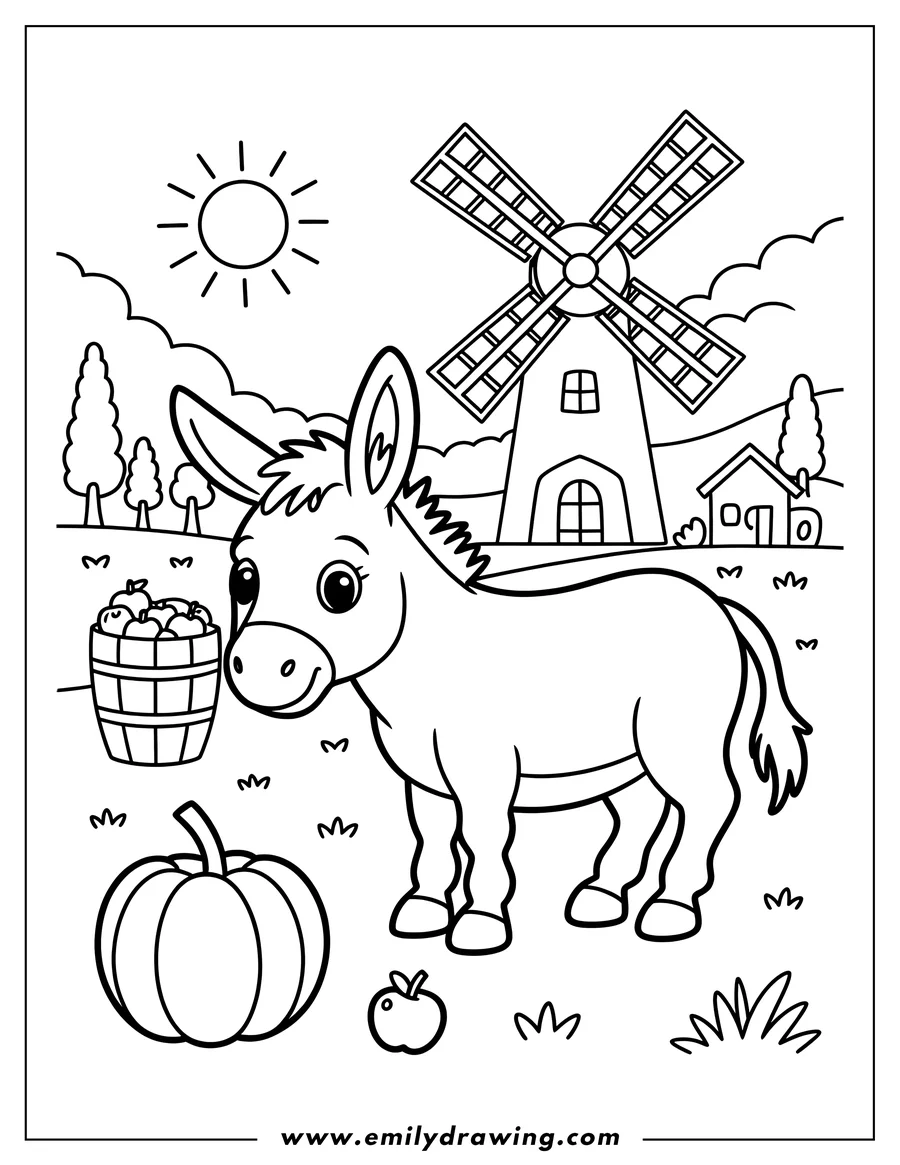 Outline of a donkey standing on a farm near a basket of apples, a pumpkin, a windmill, and a small house.