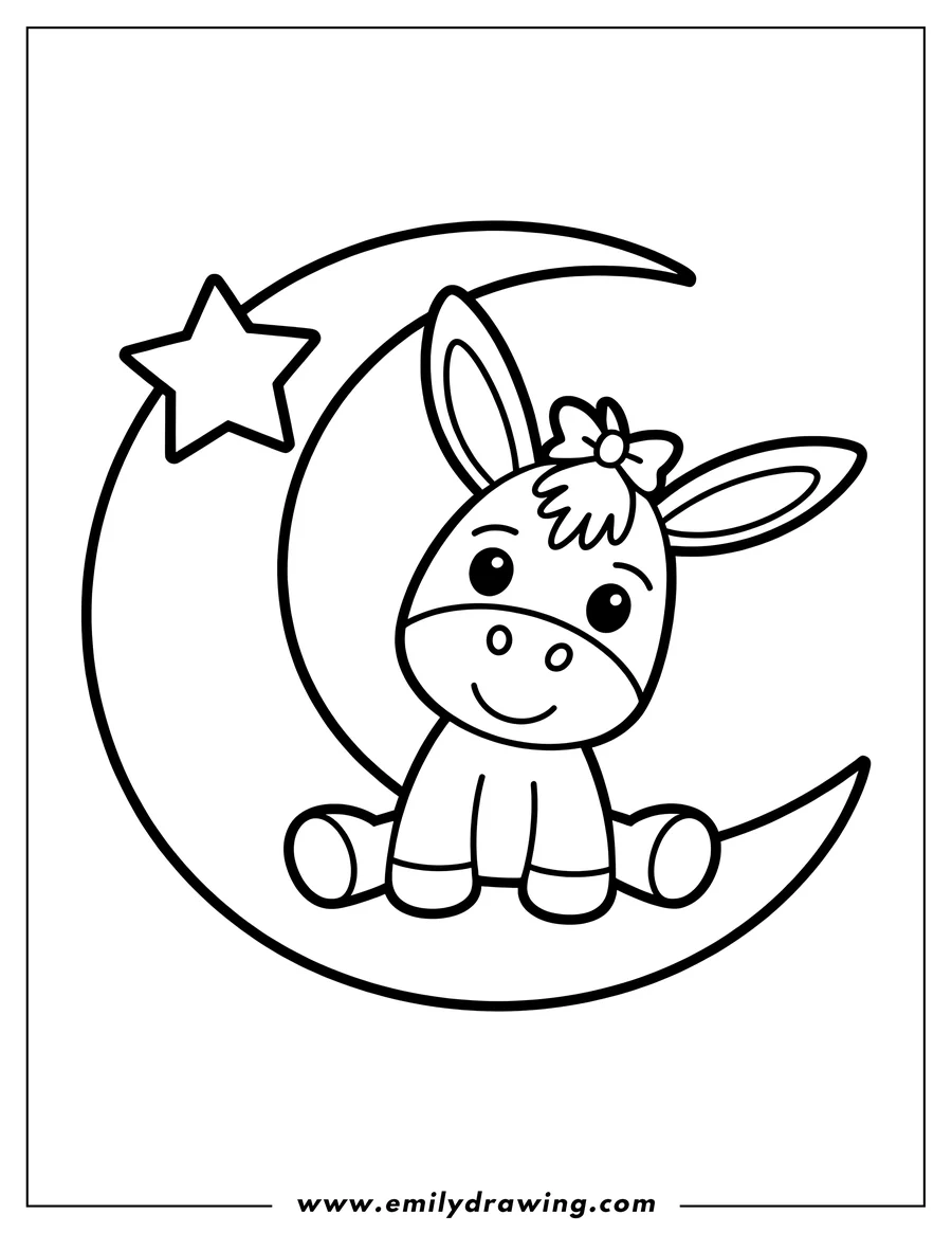 Outline of a donkey sitting on the crescent moon with a star nearby.