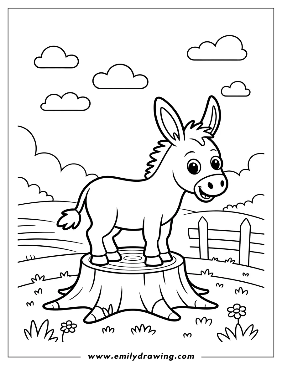 Outline of a donkey standing on a tree stump in a field, with a fence and clouds in the background.