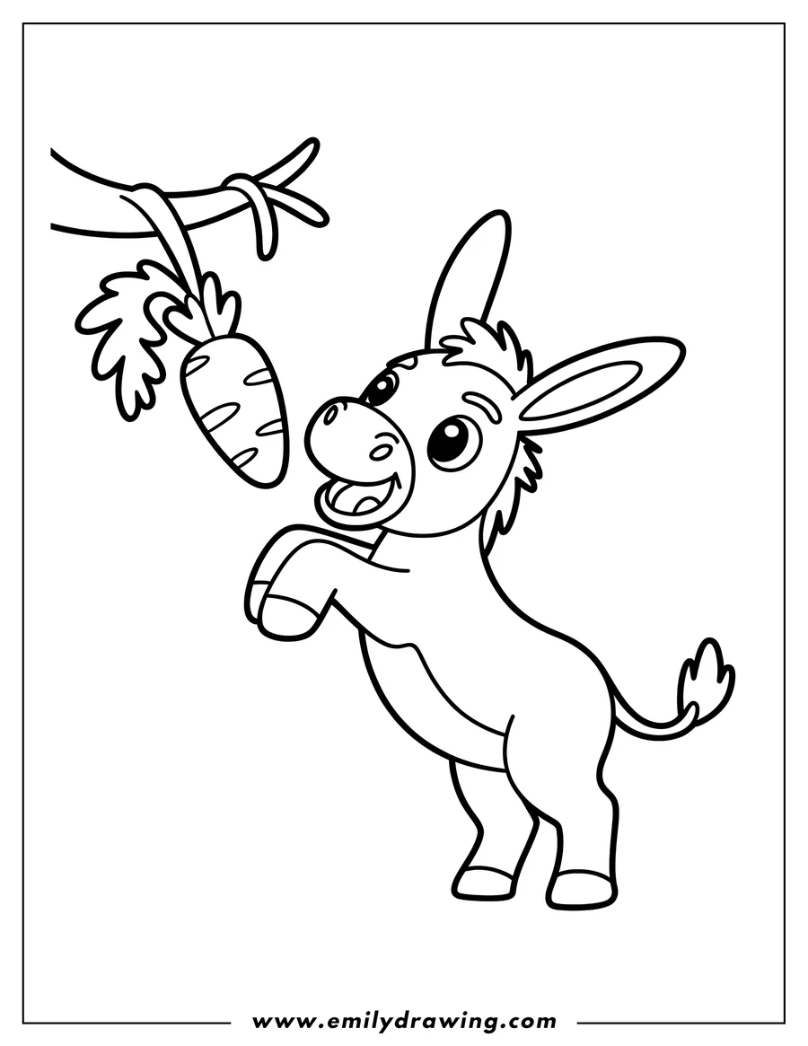 Line art of a donkey reaching up for a carrot hanging from a tree branch.