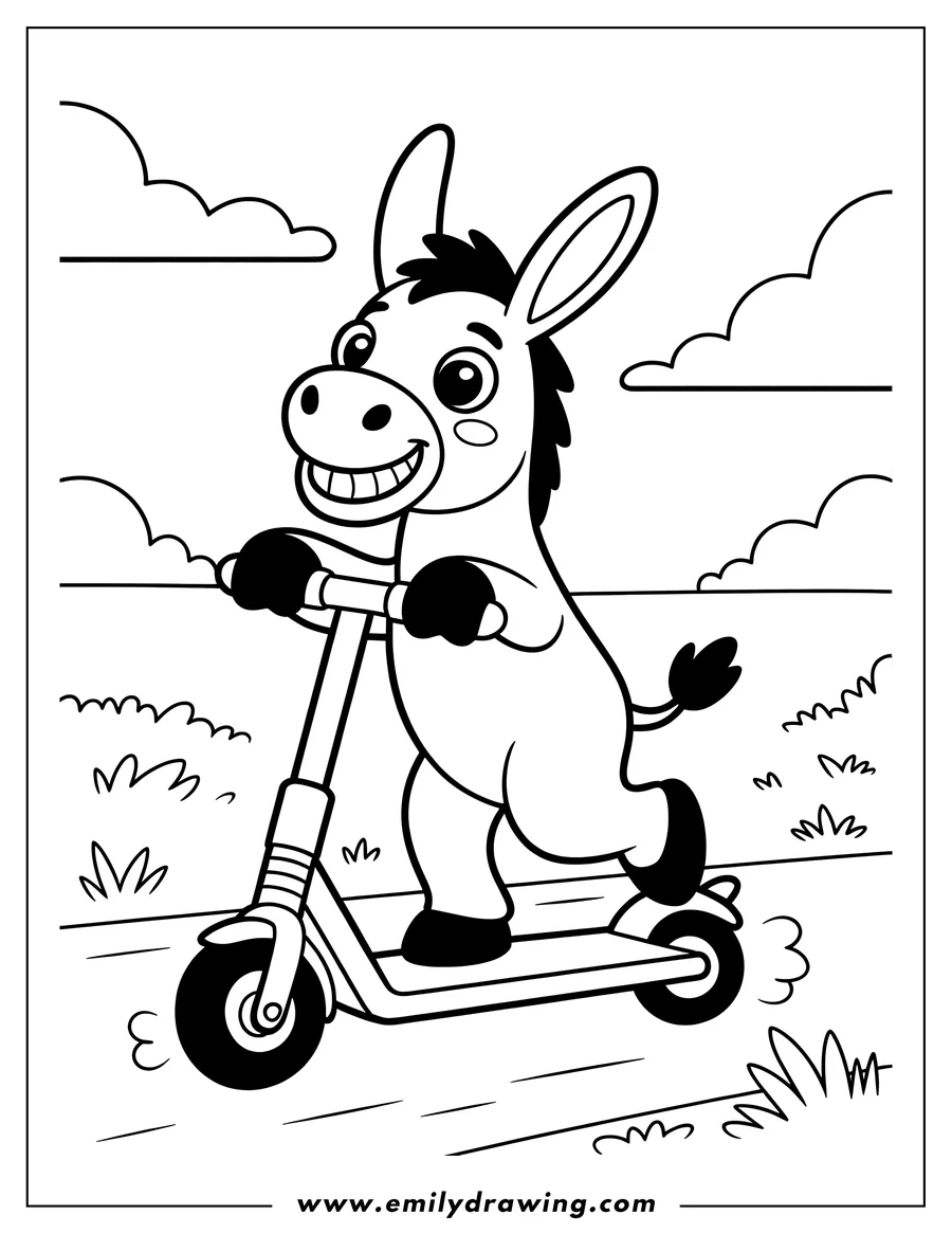 Outline of a smiling donkey riding a scooter in a park setting.
