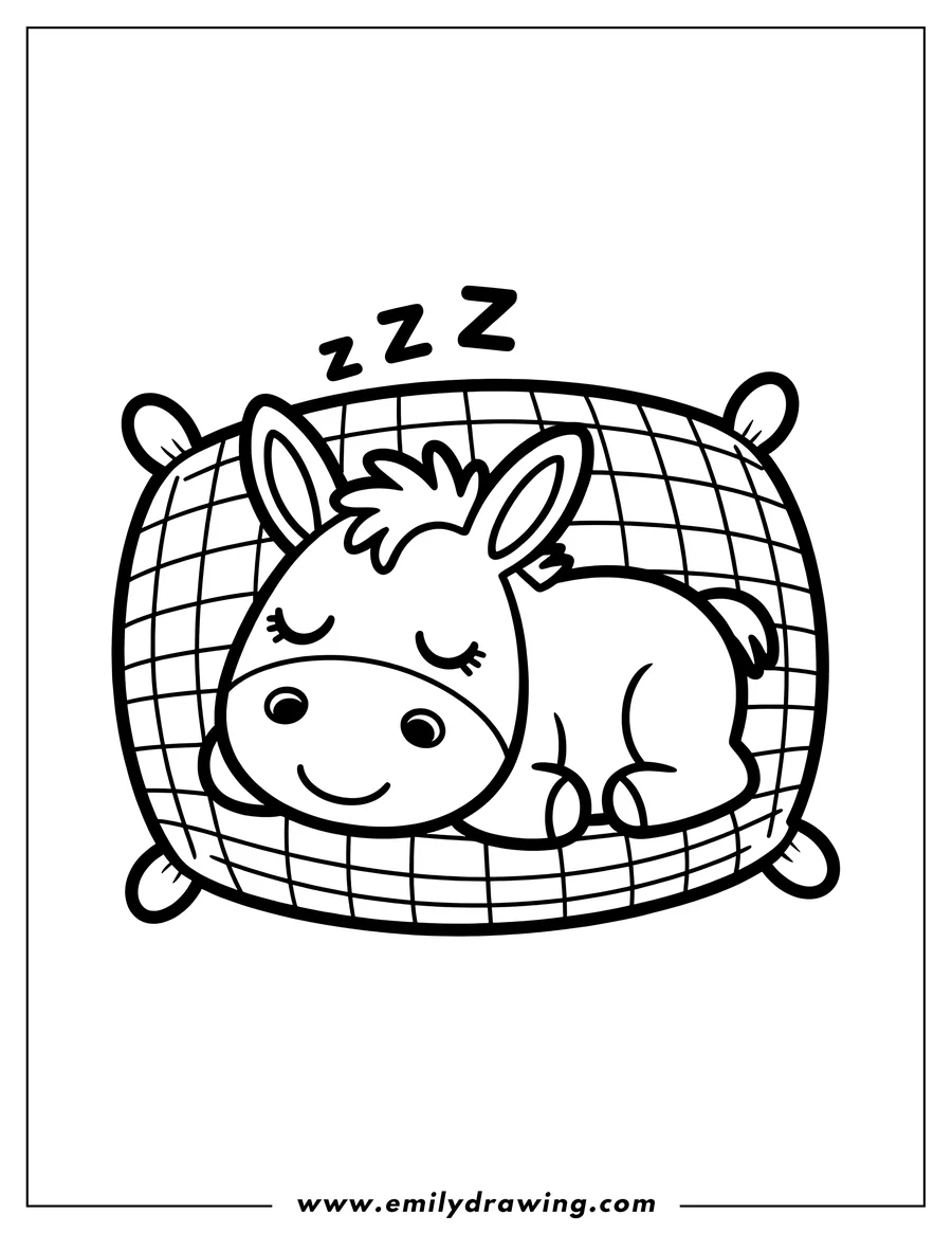 Outline of a donkey sleeping peacefully on a checkered pillow with its eyes closed, dreaming sweet dreams.
