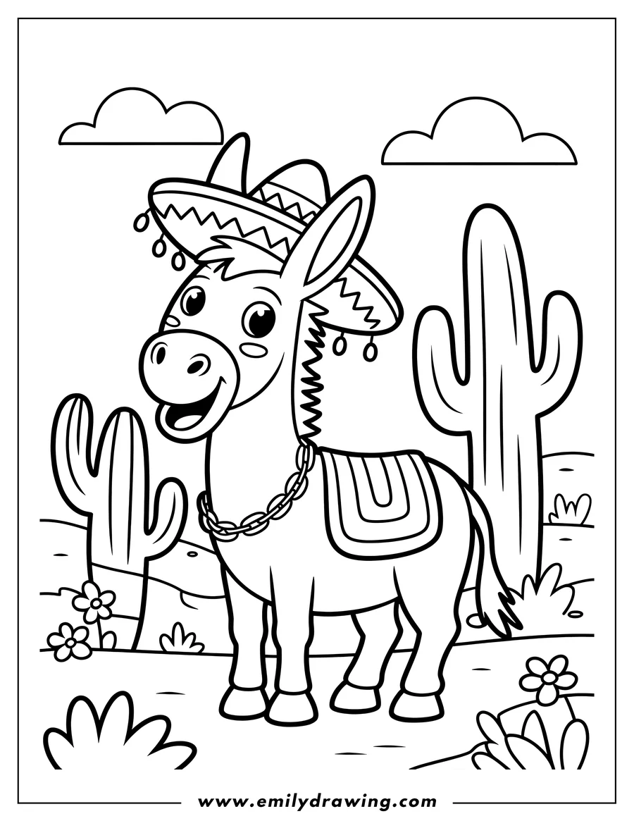 Outline of a donkey wearing a sombrero and standing near cacti.