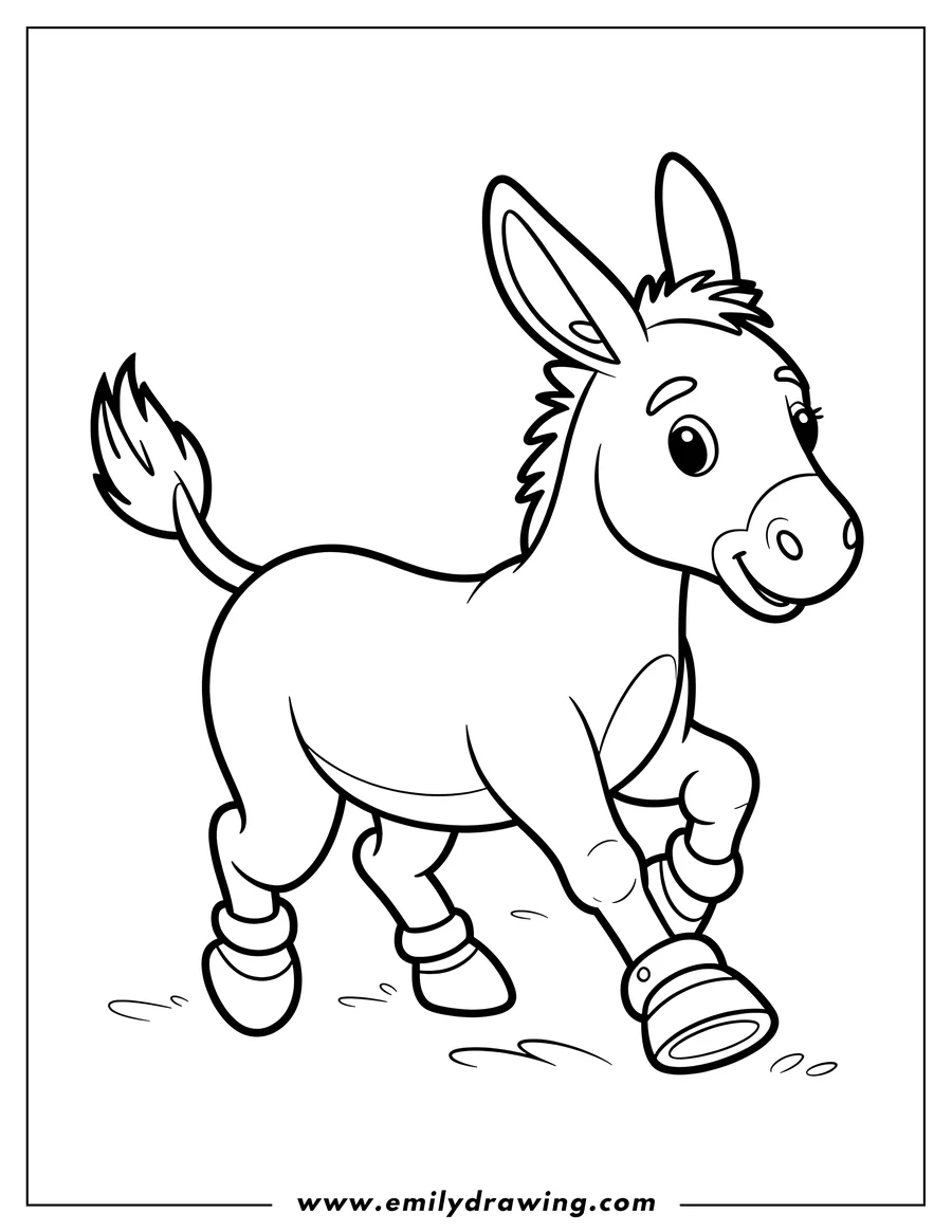 Outline of a donkey trotting with shoes on its hooves.