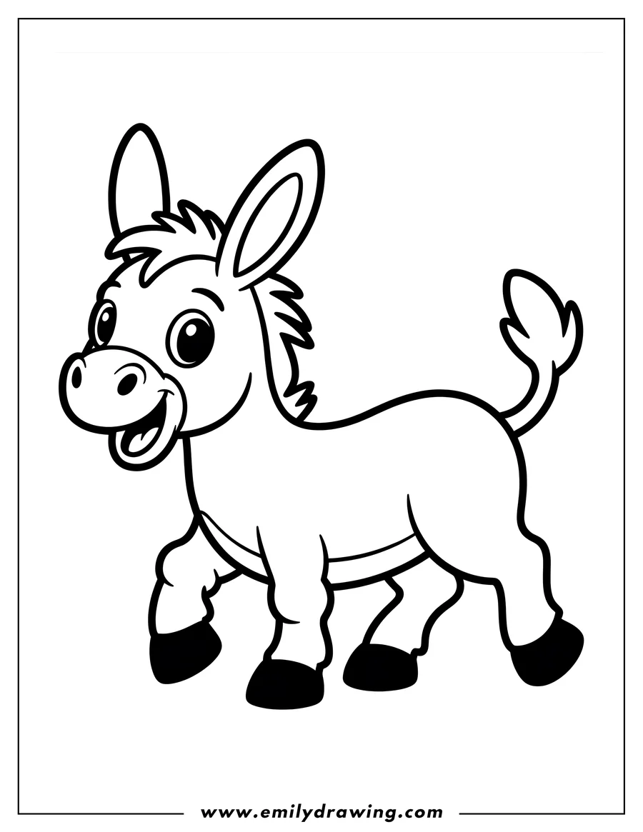 Outline of a donkey walking with its tongue sticking out.