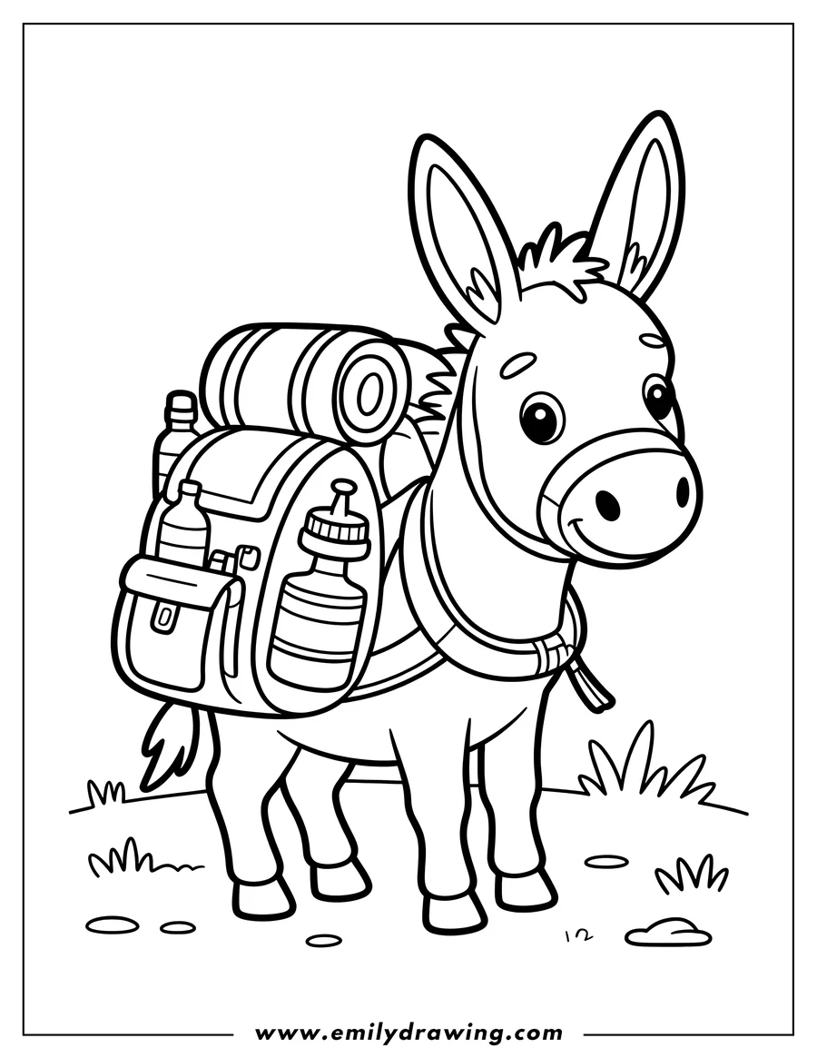 Line art of a donkey wearing a backpack filled with supplies.