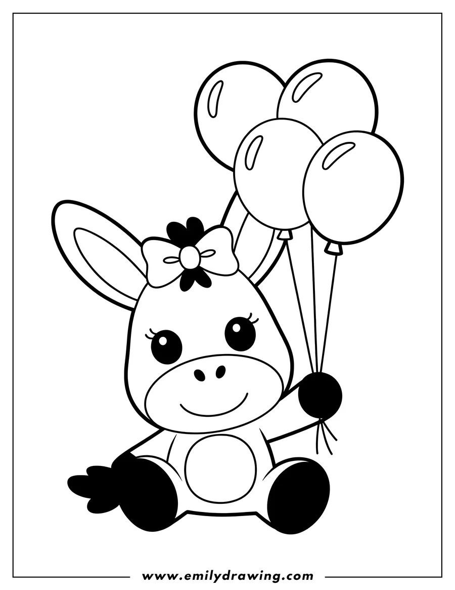 Outline of a donkey sitting and holding a bunch of balloons. The donkey has a bow on its head.