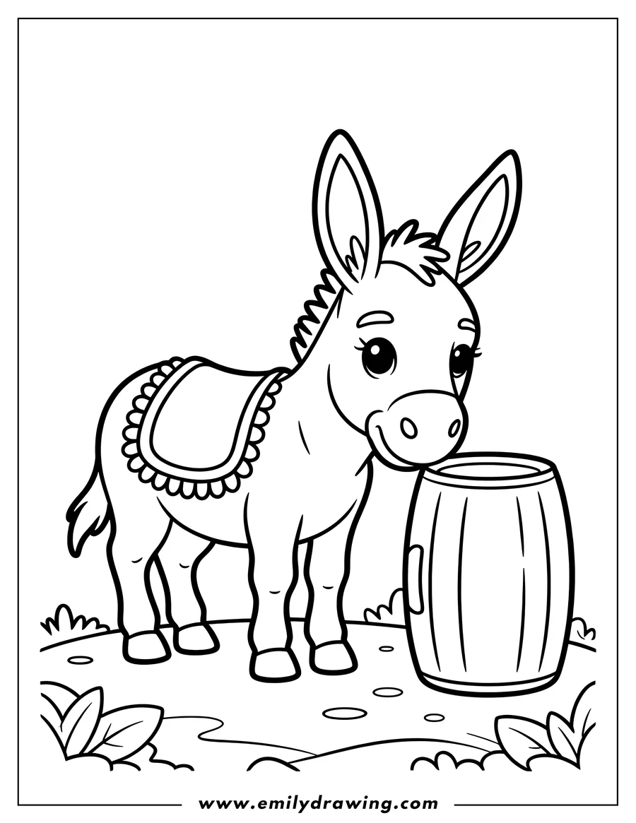Line art of a donkey standing near a barrel, wearing a blanket.