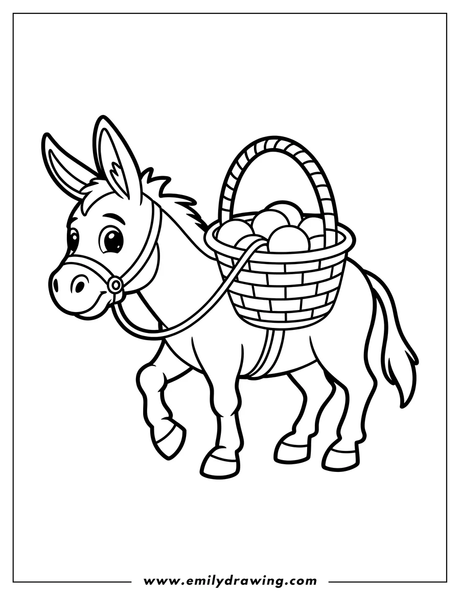 Line art of a donkey carrying a basket full of round objects, likely fruit.