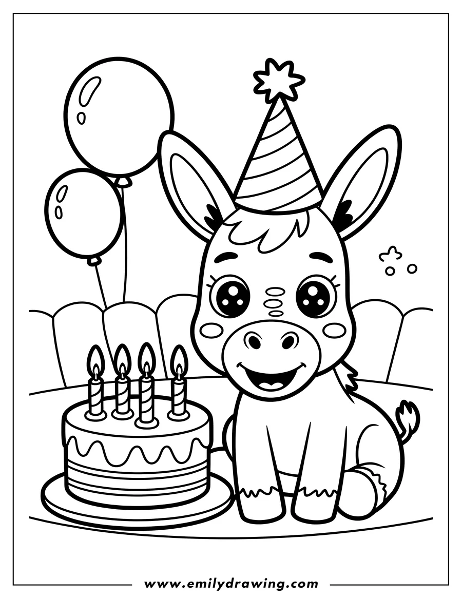 Outline of a donkey wearing a party hat and sitting by a birthday cake with candles. Balloons float in the background.