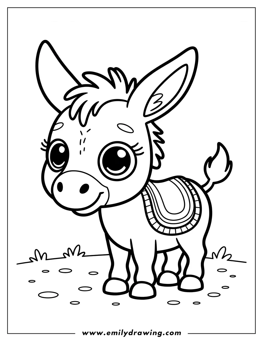 Outline of a donkey wearing a patterned blanket, standing in a field.